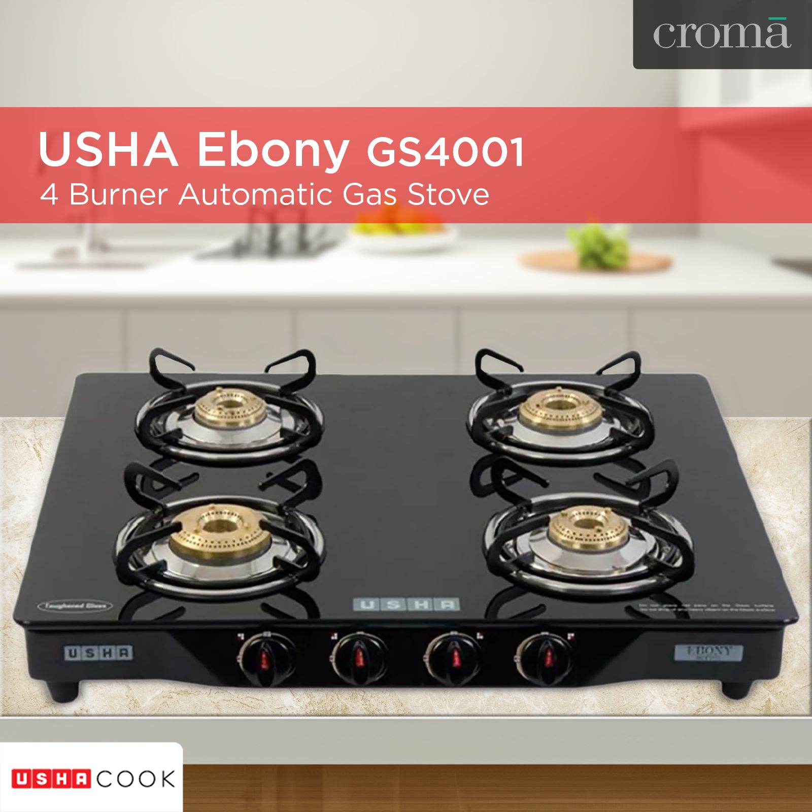 USHA Ebony GS4001 Toughened Glass Top 4 Burner Automatic Gas Stove (Slim Line Design, Black) USHA Ebony GS4001 Toughened Glass Top 4 Burner Automatic Gas Stove (Slim Line Design, Black)_11