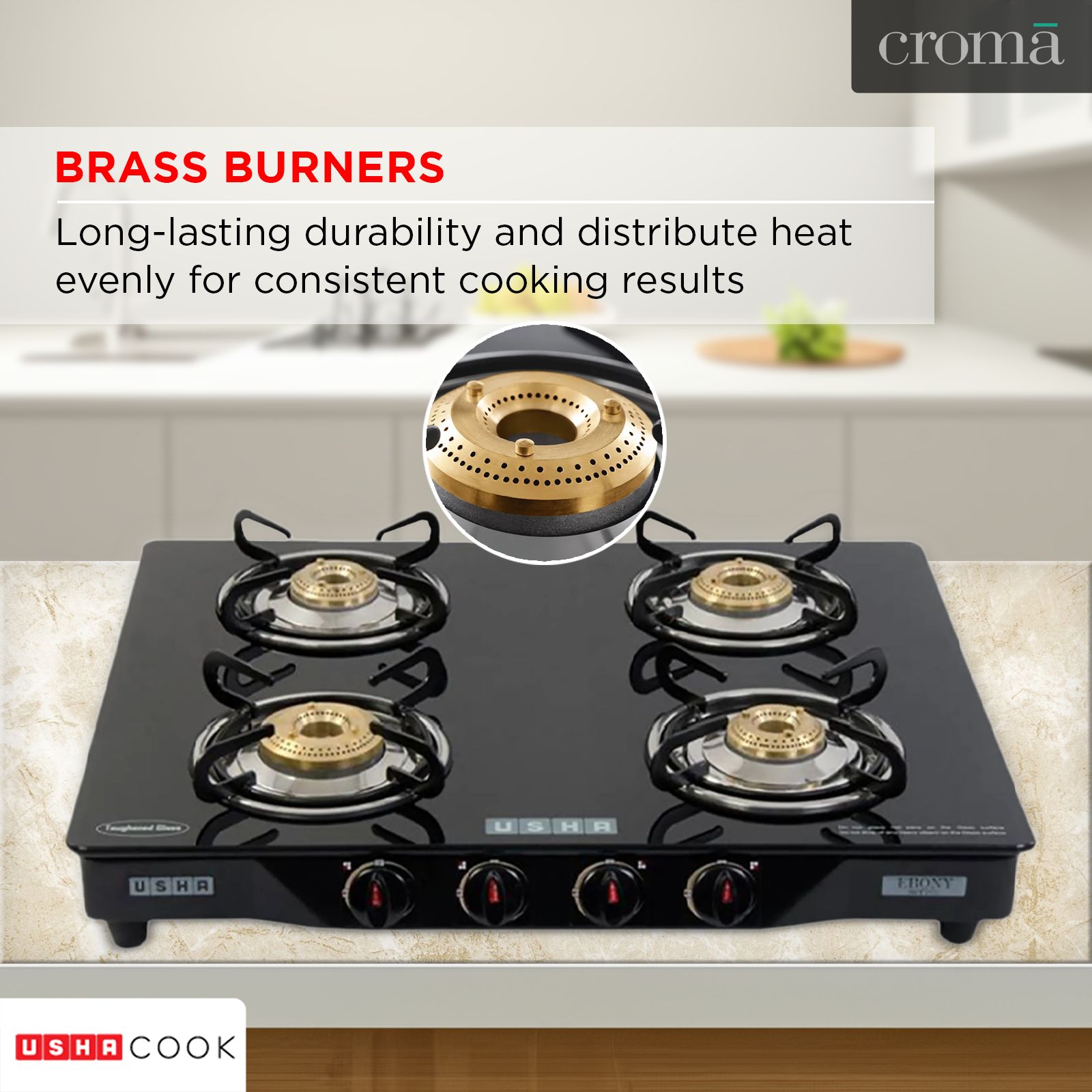USHA Ebony GS4001 Toughened Glass Top 4 Burner Automatic Gas Stove (Slim Line Design, Black) USHA Ebony GS4001 Toughened Glass Top 4 Burner Automatic Gas Stove (Slim Line Design, Black)_12