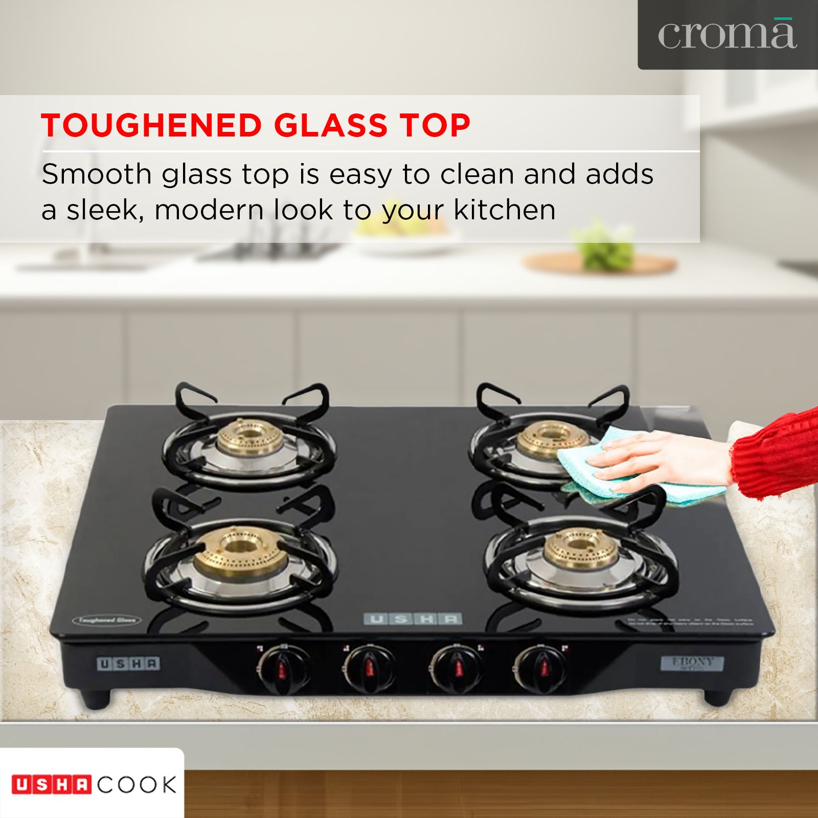 USHA Ebony GS4001 Toughened Glass Top 4 Burner Automatic Gas Stove (Slim Line Design, Black) USHA Ebony GS4001 Toughened Glass Top 4 Burner Automatic Gas Stove (Slim Line Design, Black)_13