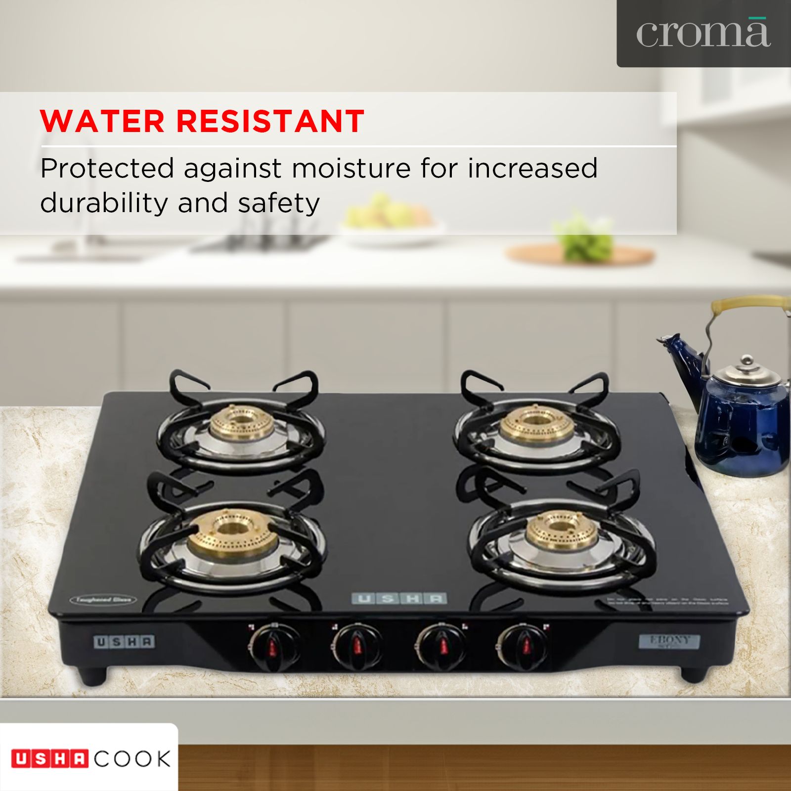 USHA Ebony GS4001 Toughened Glass Top 4 Burner Automatic Gas Stove (Slim Line Design, Black) USHA Ebony GS4001 Toughened Glass Top 4 Burner Automatic Gas Stove (Slim Line Design, Black)_14