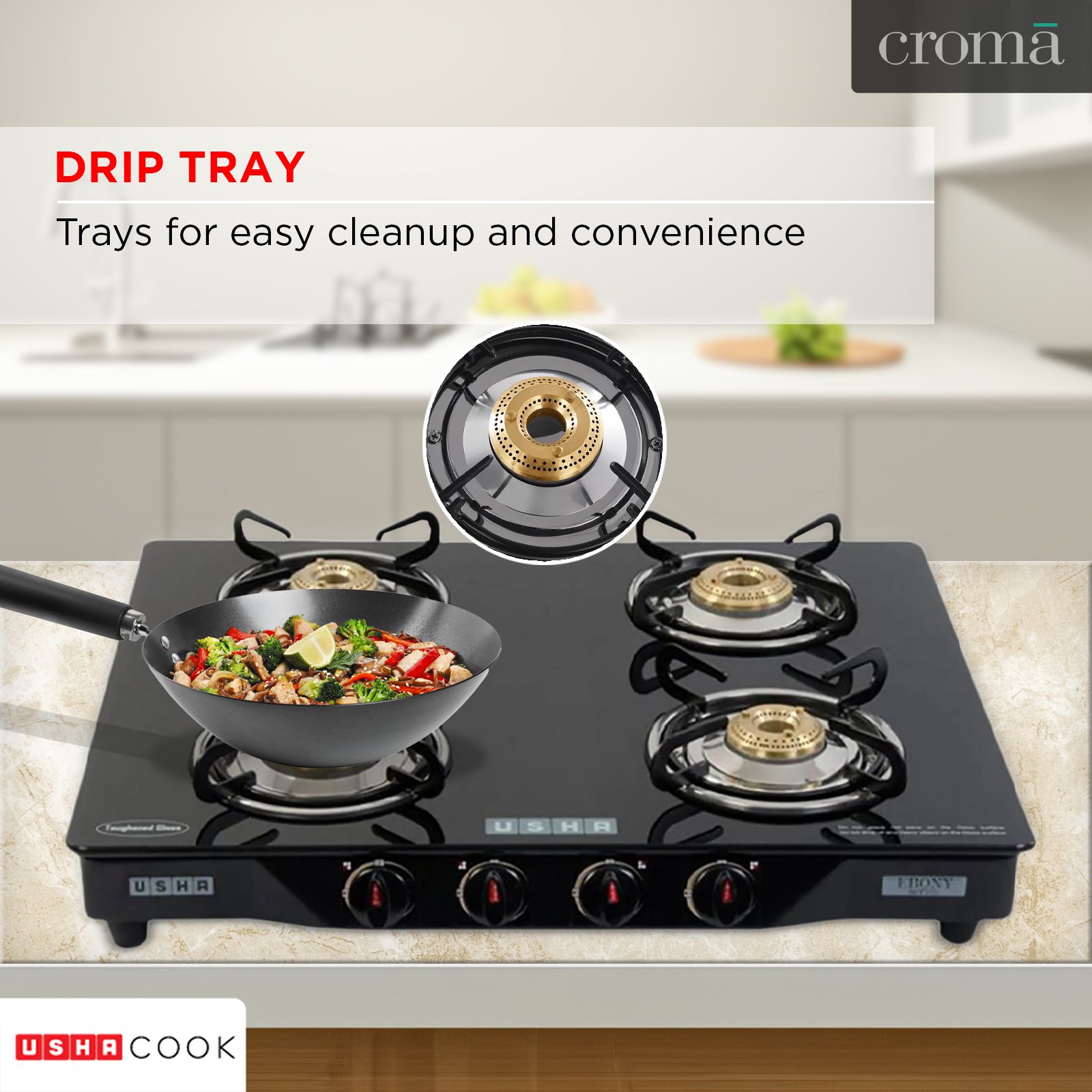 USHA Ebony GS4001 Toughened Glass Top 4 Burner Automatic Gas Stove (Slim Line Design, Black) USHA Ebony GS4001 Toughened Glass Top 4 Burner Automatic Gas Stove (Slim Line Design, Black)_15