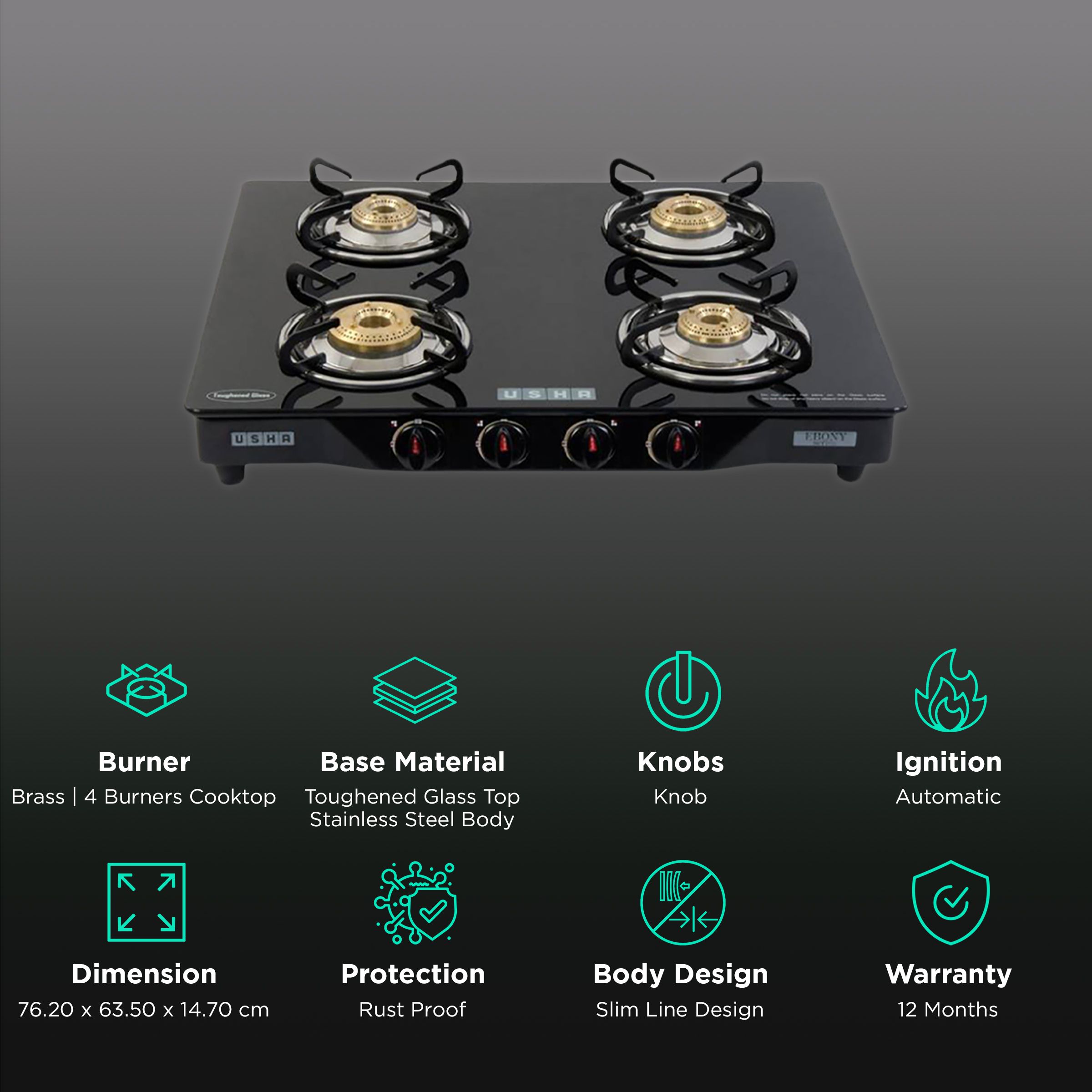 USHA Ebony GS4001 Toughened Glass Top 4 Burner Automatic Gas Stove (Slim Line Design, Black) USHA Ebony GS4001 Toughened Glass Top 4 Burner Automatic Gas Stove (Slim Line Design, Black)_3