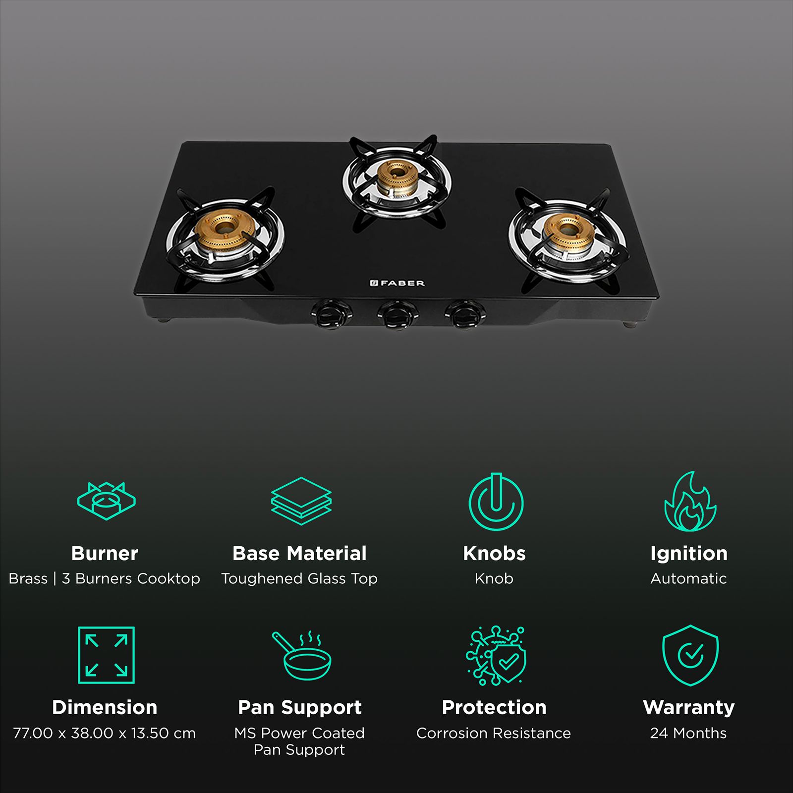 Faber JUMBO 3BB BK AI Toughened Glass Top 3 Burner Automatic Gas Stove (Corrosion Resistance, Black) Faber JUMBO 3BB BK AI Toughened Glass Top 3 Burner Automatic Gas Stove (Corrosion Resistance, Black)_3