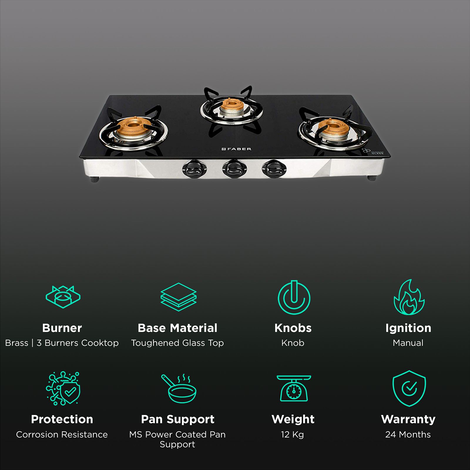 Faber Jumbo 3BB SS Toughened Glass Top 3 Burner Manual Gas Stove (Corrosion Resistance, Black)_3
