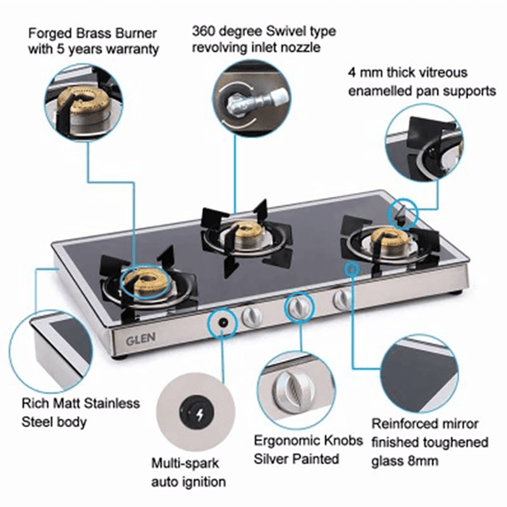 Glen 1038 GT FBM AI Toughened Glass Top 3 Burner Automatic Gas Stove (Scratch & Stain Resistant, Silver) Glen 1038 GT FBM AI Toughened Glass Top 3 Burner Automatic Gas Stove (Scratch & Stain Resistant, Silver)_12