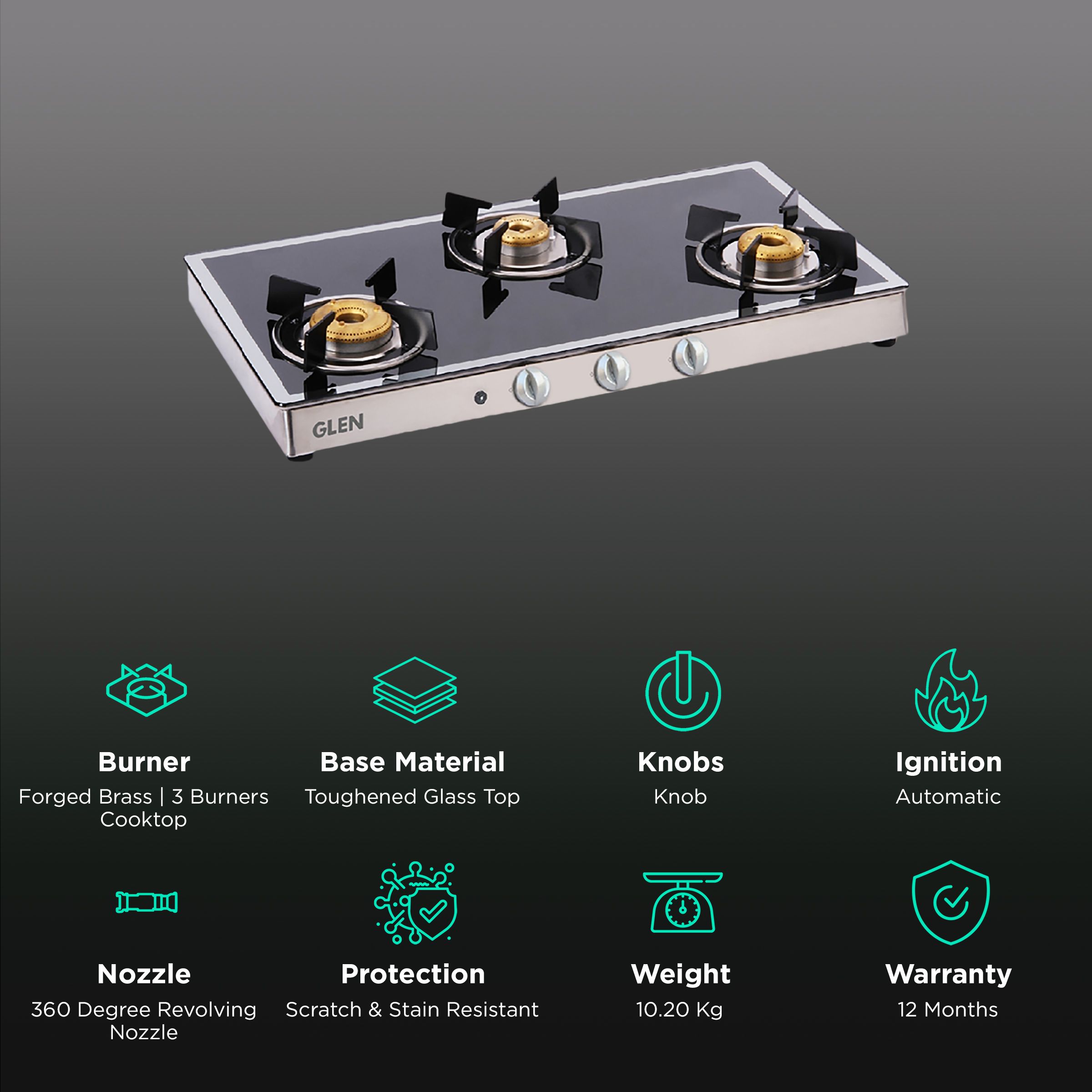 Glen 1038 GT FBM AI Toughened Glass Top 3 Burner Automatic Gas Stove (Scratch & Stain Resistant, Silver) Glen 1038 GT FBM AI Toughened Glass Top 3 Burner Automatic Gas Stove (Scratch & Stain Resistant, Silver)_3