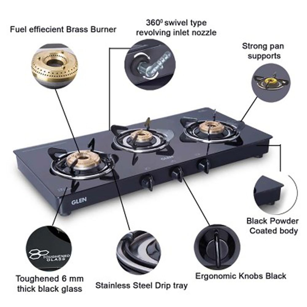 Glen 1033 GT BB BL Toughened Glass Top 3 Burner Manual Gas Stove (Scratch & Stain Resistant, Black) Glen 1033 GT BB BL Toughened Glass Top 3 Burner Manual Gas Stove (Scratch & Stain Resistant, Black)_7