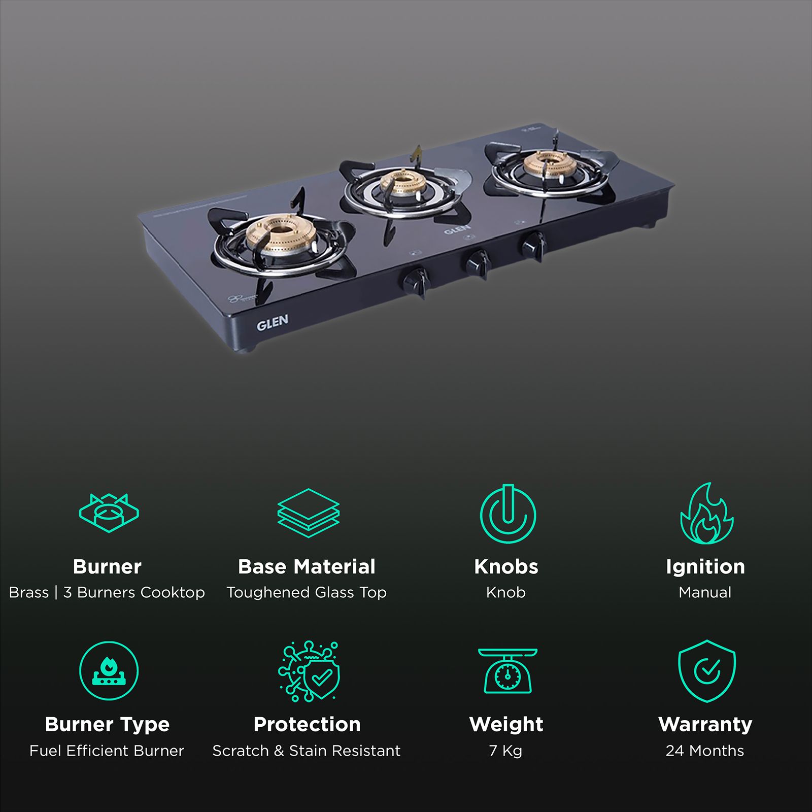 Glen 1033 GT BB BL Toughened Glass Top 3 Burner Manual Gas Stove (Scratch & Stain Resistant, Black) Glen 1033 GT BB BL Toughened Glass Top 3 Burner Manual Gas Stove (Scratch & Stain Resistant, Black)_3