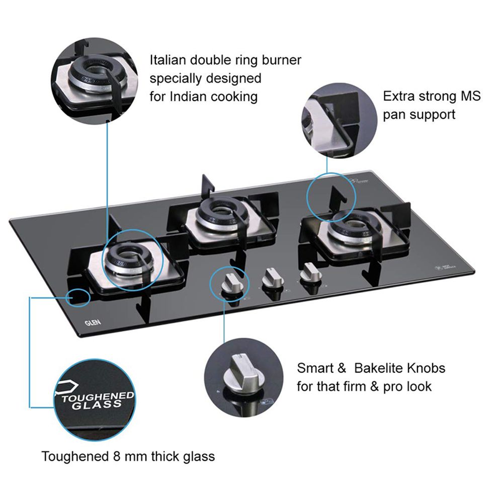 Glen 1073 SQ DB Toughened Glass Top 3 Burner Automatic Electric Hob (Scratch & Stain Resistant, Black)_12