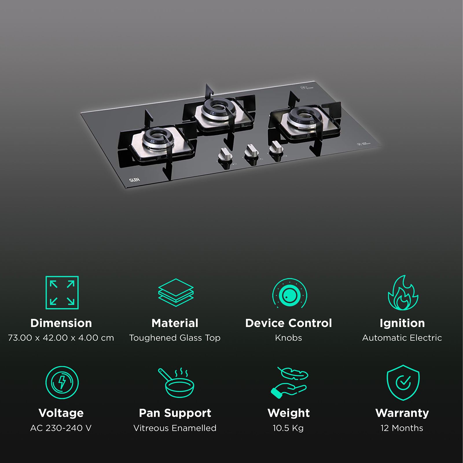 Glen 1073 SQ DB Toughened Glass Top 3 Burner Automatic Electric Hob (Scratch & Stain Resistant, Black)_3