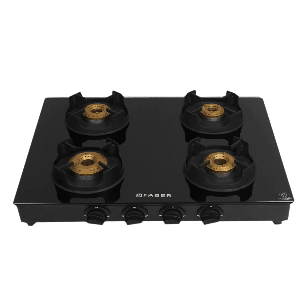 Faber Onyx 4BB BK CI Toughened Glass Top 4 Burner Manual Gas Stove (Diamond Coated Pan Support, Black) Faber Onyx 4BB BK CI Toughened Glass Top 4 Burner Manual Gas Stove (Diamond Coated Pan Support, Black)_1