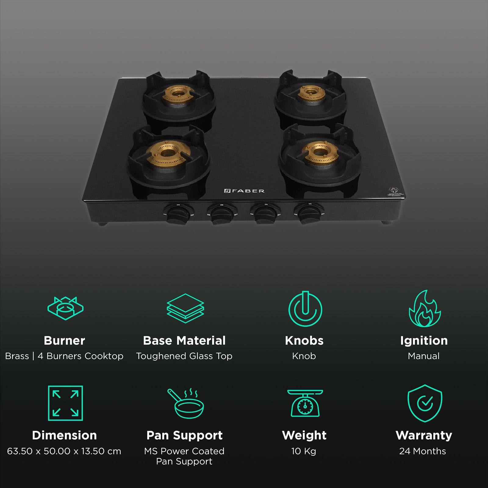 Faber Onyx 4BB BK CI Toughened Glass Top 4 Burner Manual Gas Stove (Diamond Coated Pan Support, Black) Faber Onyx 4BB BK CI Toughened Glass Top 4 Burner Manual Gas Stove (Diamond Coated Pan Support, Black)_3