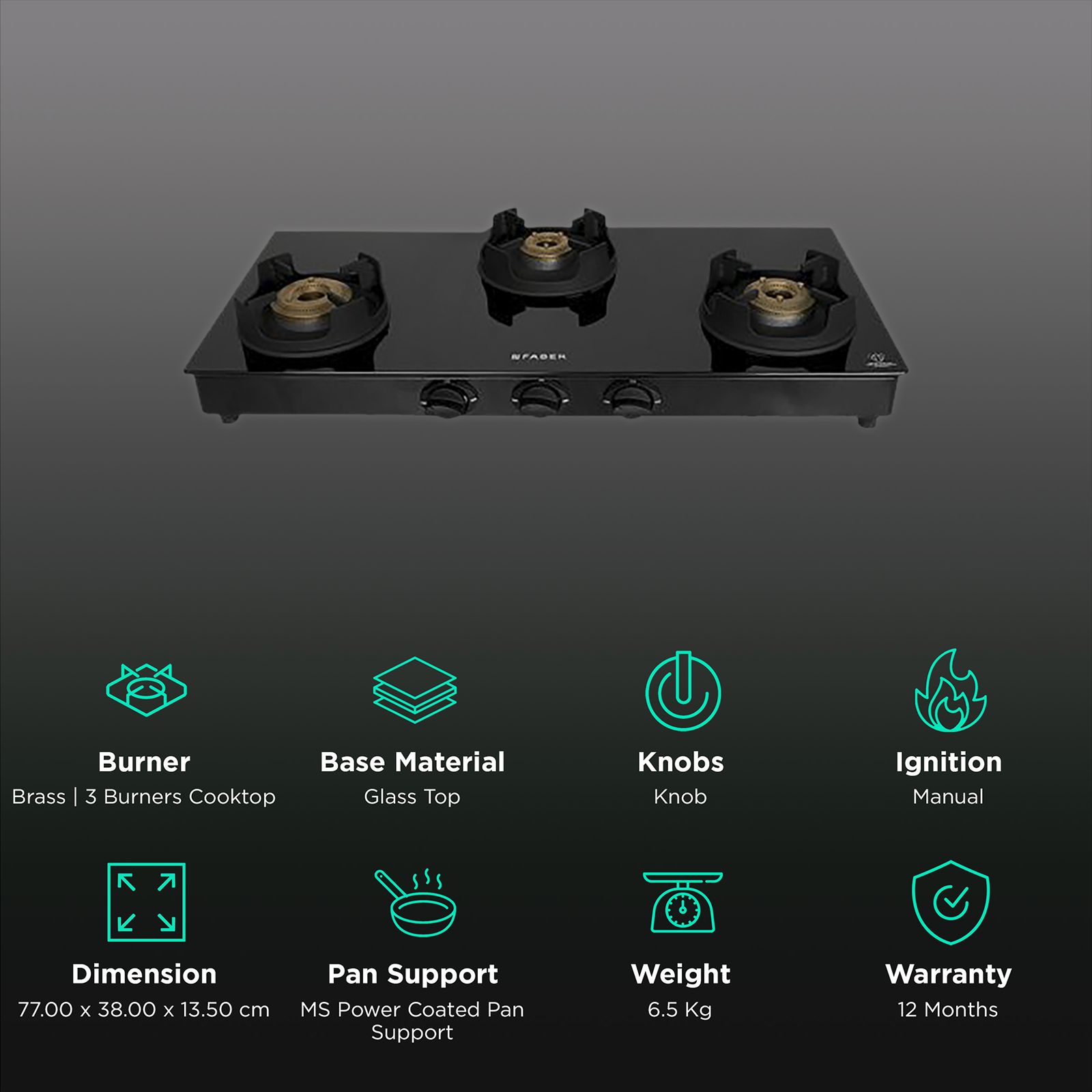 Faber Onyx 3BB BK CI Glass Top 3 Burner Manual Gas Stove (Scratch Resistance, Black) Faber Onyx 3BB BK CI Glass Top 3 Burner Manual Gas Stove (Scratch Resistance, Black)_3
