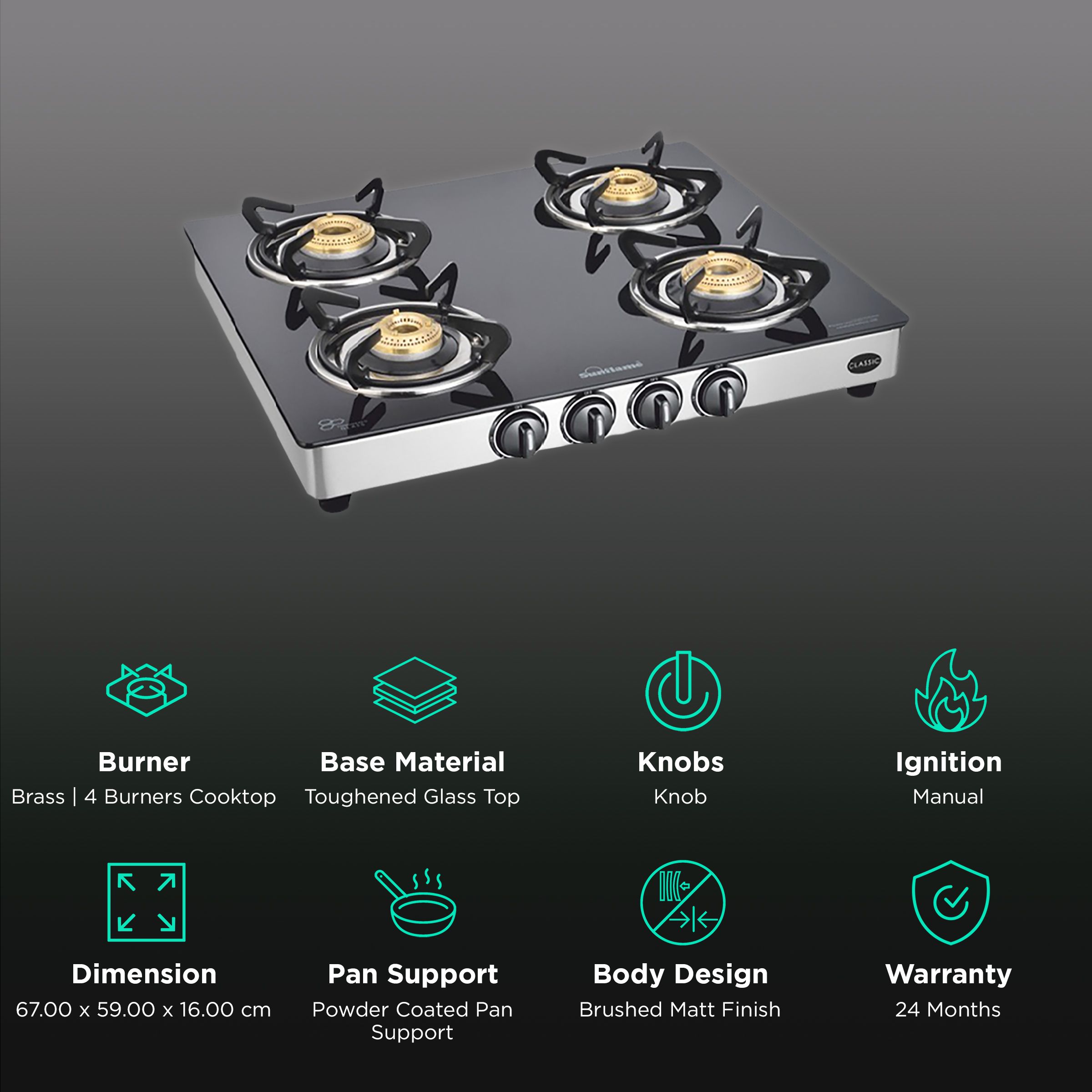 Sunflame CLASSIC 4B SS Toughened Glass Top 4 Burner Manual Gas Stove (Stainless Steel Drip Tray, Black)_3