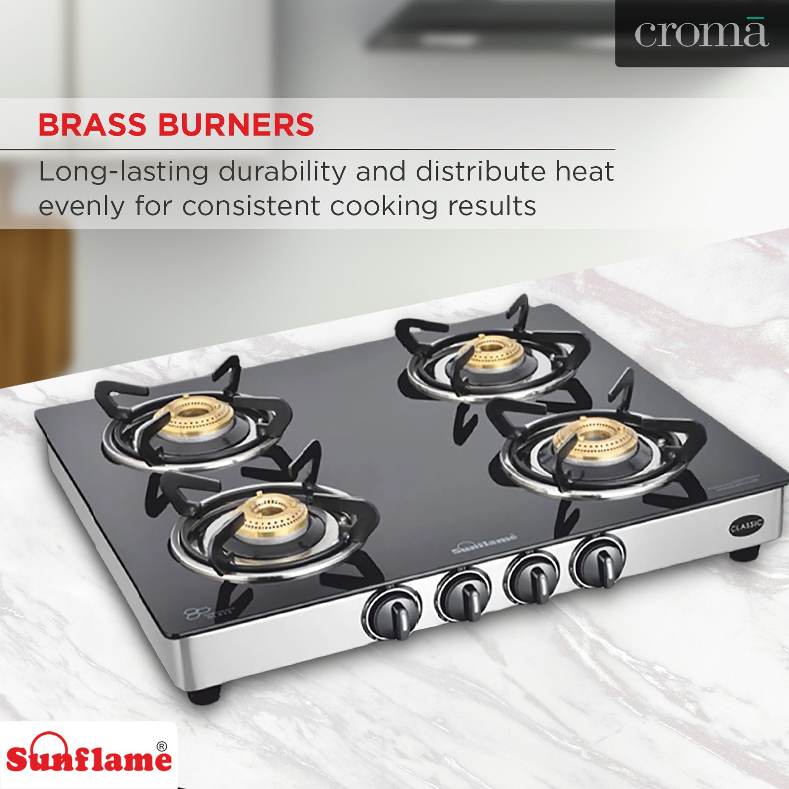Sunflame CLASSIC 4B SS Toughened Glass Top 4 Burner Manual Gas Stove (Stainless Steel Drip Tray, Black)_8