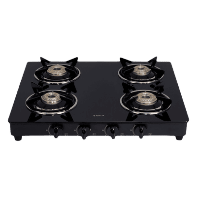 elica 594 CT VETRO BK Glass Top 4 Burner Manual Gas Stove (Round Euro Coated Grid, Black)