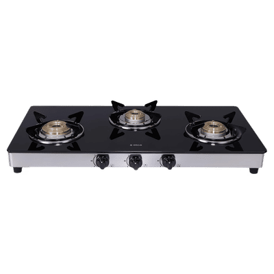 elica 773 CT DT VETRO Toughened Glass Top 3 Burner Manual Gas Stove (Round Euro Coated Grid, Black)