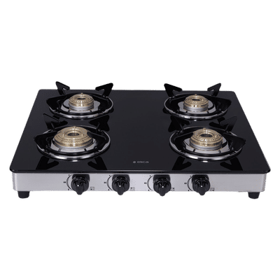 elica 594 CT DT VETRO 1J Glass Top 4 Burner Manual Gas Stove (Round Euro Coated Grid, Black)