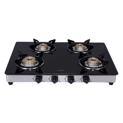 elica 694 CT DT VETRO Glass Top 4 Burner Manual Gas Stove (Round Euro Coated Grid, Black)