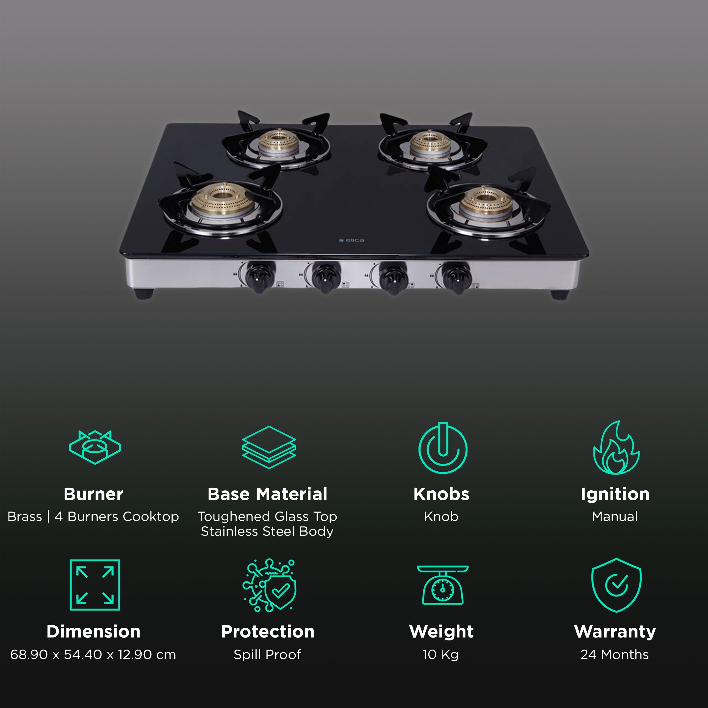 elica 694 CT DT VETRO Glass Top 4 Burner Manual Gas Stove (Round Euro Coated Grid, Black) elica 694 CT DT VETRO Glass Top 4 Burner Manual Gas Stove (Round Euro Coated Grid, Black)_3