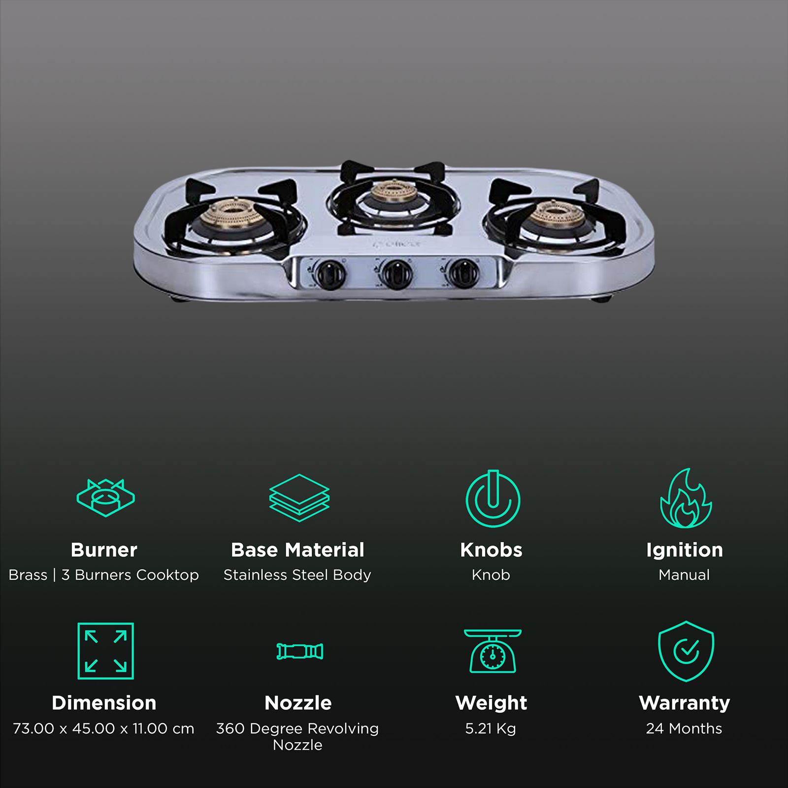 Elica INOX 753 SS 3 Burner Manual Gas Stove (Round Euro Coated Grid, Silver) Elica INOX 753 SS 3 Burner Manual Gas Stove (Round Euro Coated Grid, Silver)_3