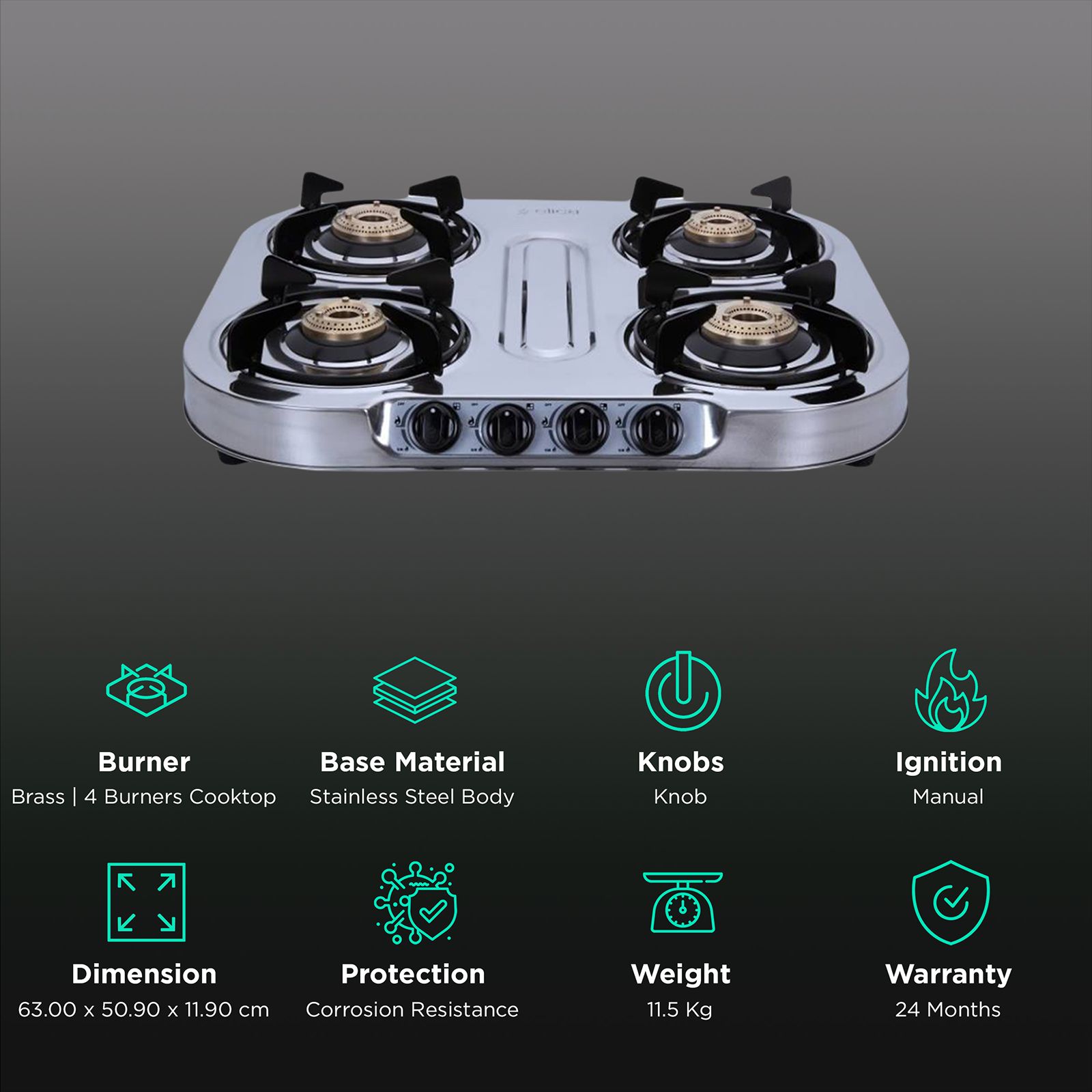 Elica INOX 604 SS 4 Burner Manual Gas Stove (Round Euro Coated Grid, Silver) Elica INOX 604 SS 4 Burner Manual Gas Stove (Round Euro Coated Grid, Silver)_3