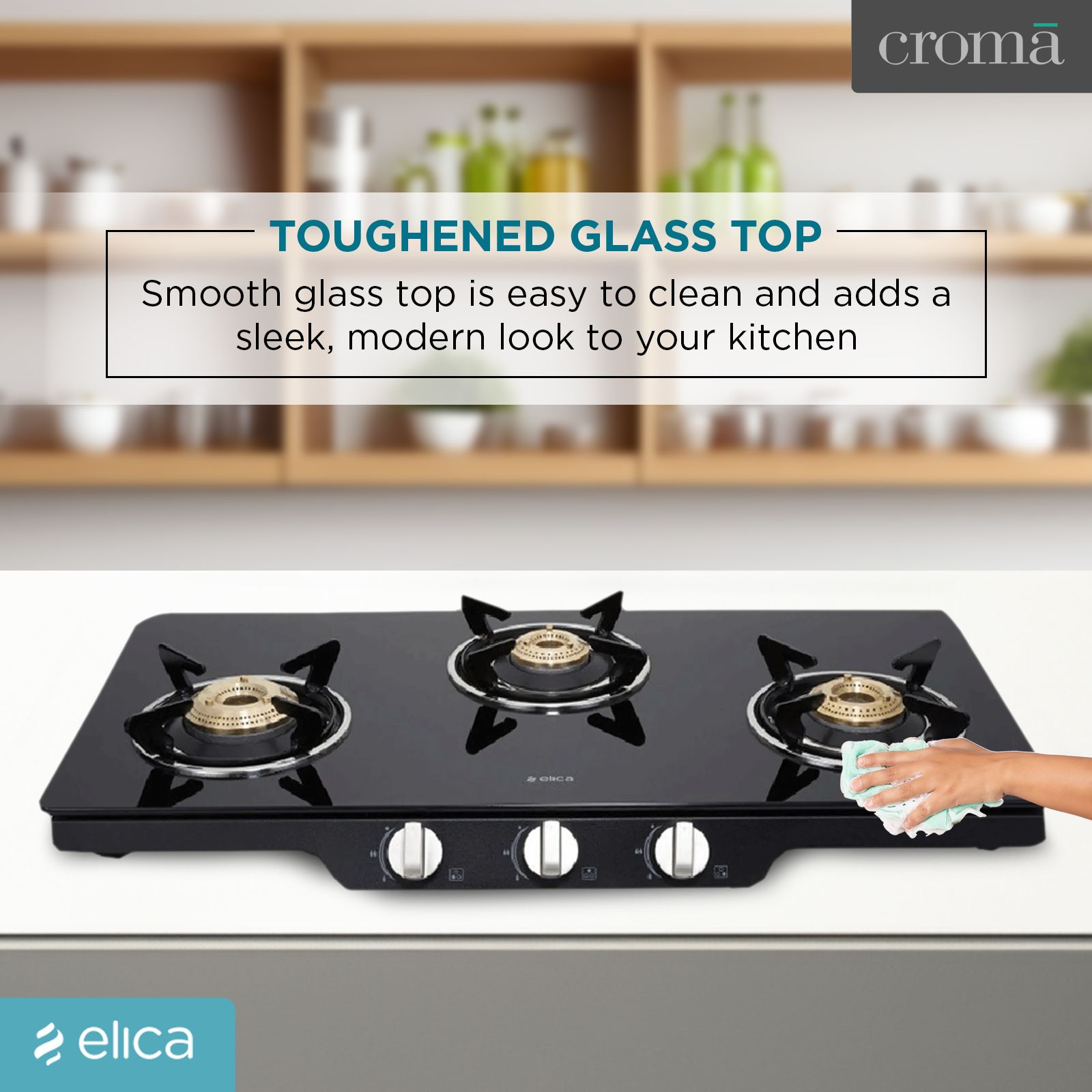 elica Patio ICT 773 DT SERIES Toughened Glass Top 3 Burner Manual Gas Stove (Rust Resistant, Black) elica Patio ICT 773 DT SERIES Toughened Glass Top 3 Burner Manual Gas Stove (Rust Resistant, Black)_8