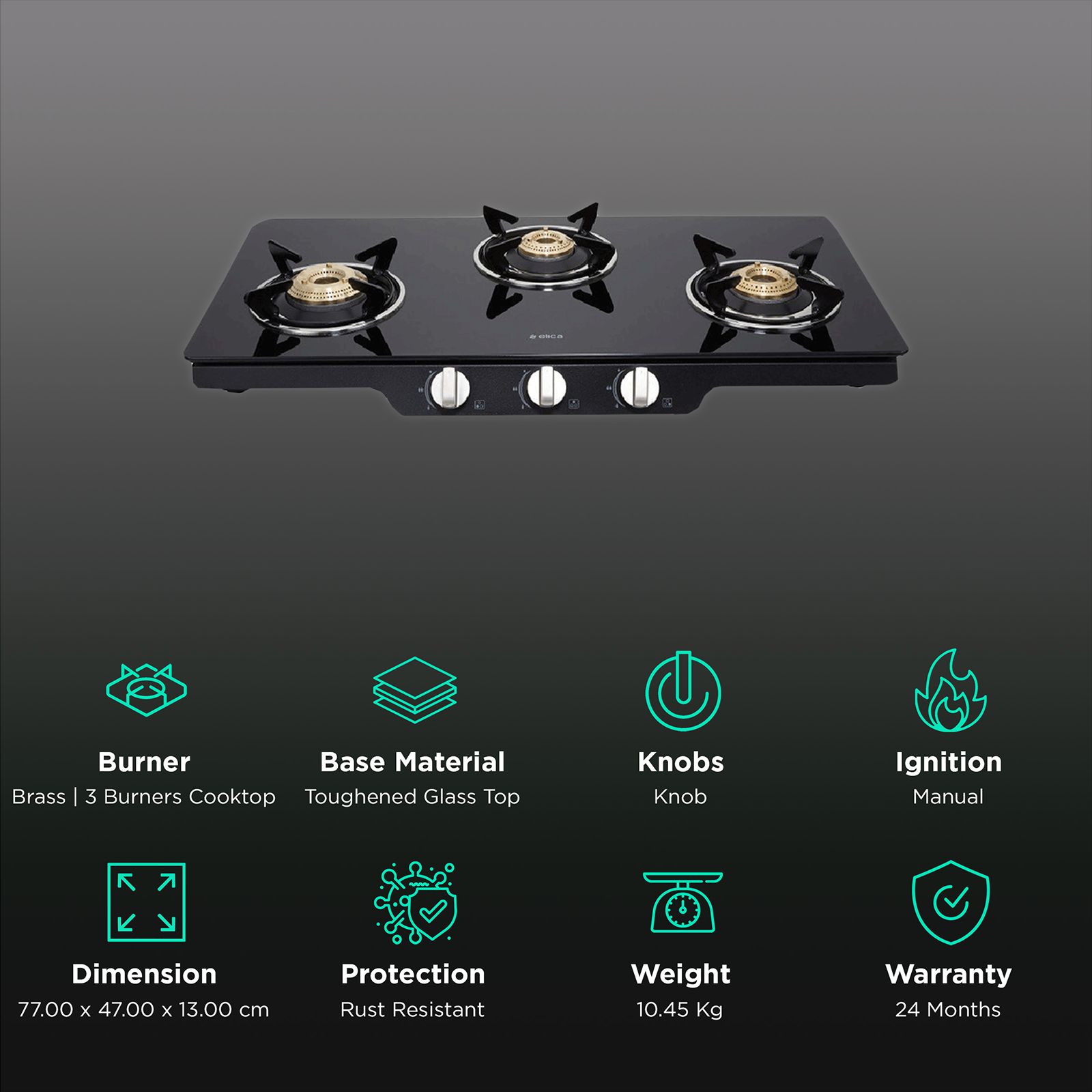 elica Patio ICT 773 DT SERIES Toughened Glass Top 3 Burner Manual Gas Stove (Rust Resistant, Black) elica Patio ICT 773 DT SERIES Toughened Glass Top 3 Burner Manual Gas Stove (Rust Resistant, Black)_3
