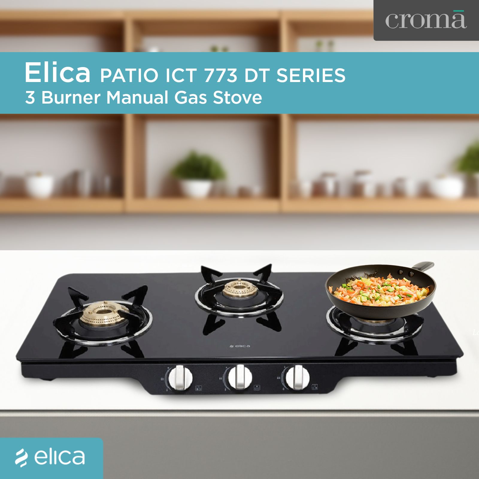 elica Patio ICT 773 DT SERIES Toughened Glass Top 3 Burner Manual Gas Stove (Rust Resistant, Black) elica Patio ICT 773 DT SERIES Toughened Glass Top 3 Burner Manual Gas Stove (Rust Resistant, Black)_6