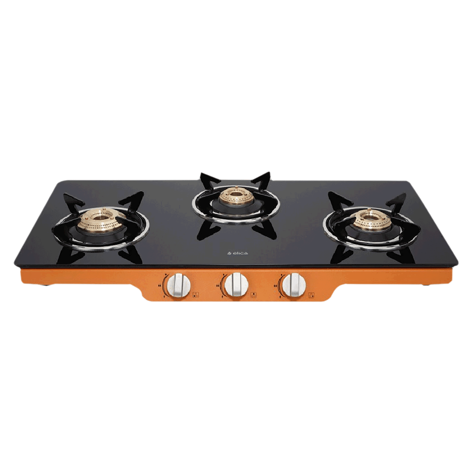 Elica Patio ICT DT773ORG Glass Top 3 Burner Automatic Gas Stove (Round Enamelled Grid, Black/Orange)_1