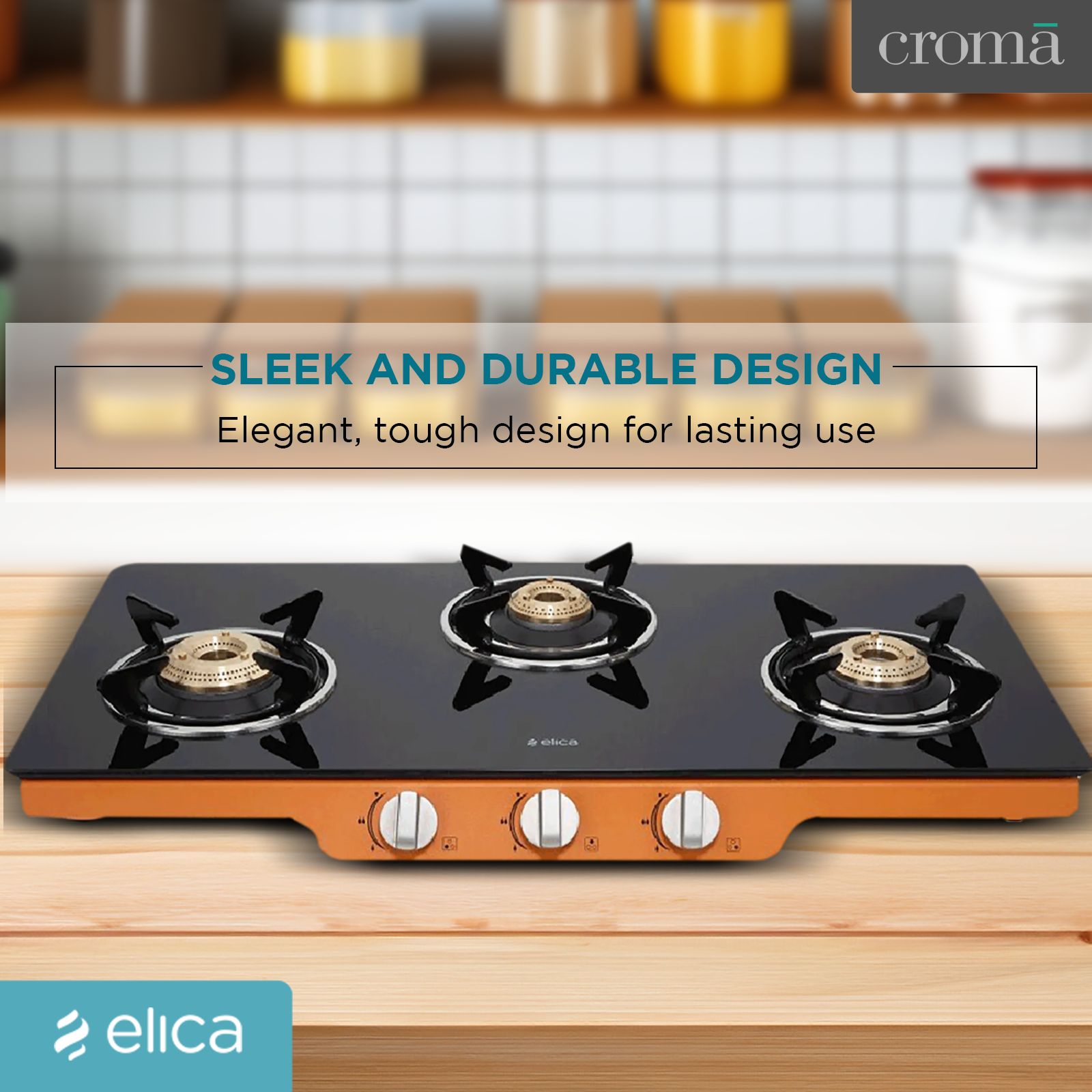 Elica Patio ICT DT773ORG Glass Top 3 Burner Automatic Gas Stove (Round Enamelled Grid, Black/Orange)_9
