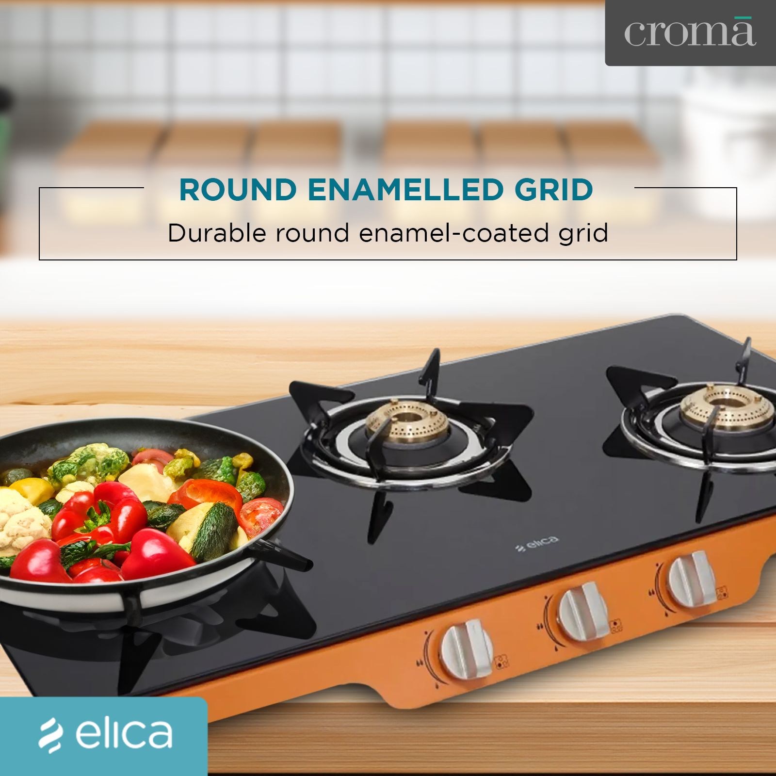 Elica Patio ICT DT773ORG Glass Top 3 Burner Automatic Gas Stove (Round Enamelled Grid, Black/Orange)_10
