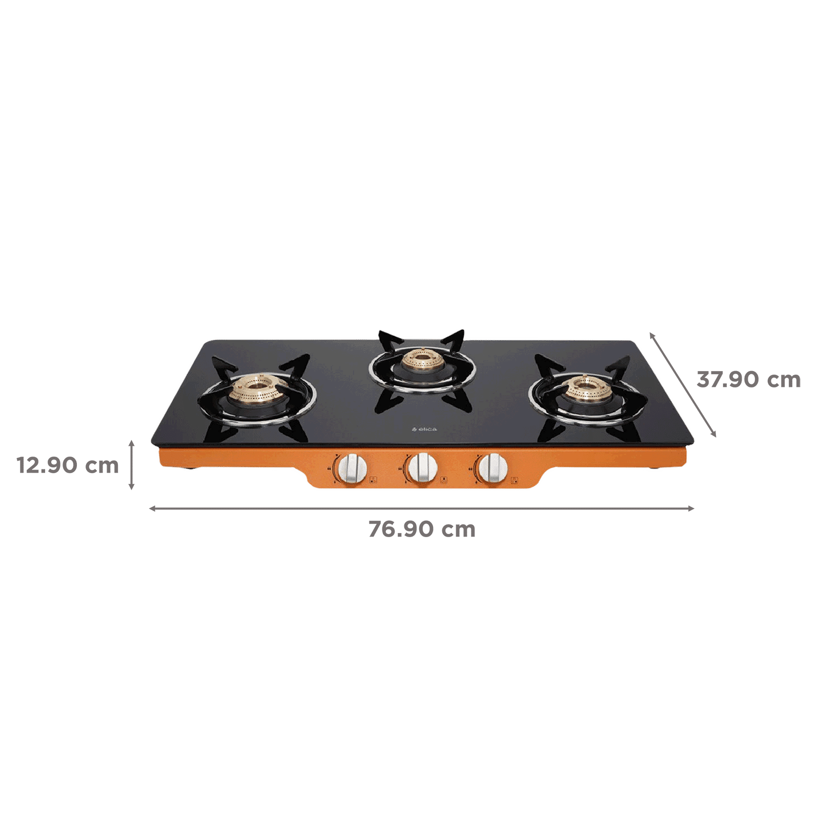 Elica Patio ICT DT773ORG Glass Top 3 Burner Automatic Gas Stove (Round Enamelled Grid, Black/Orange)_2