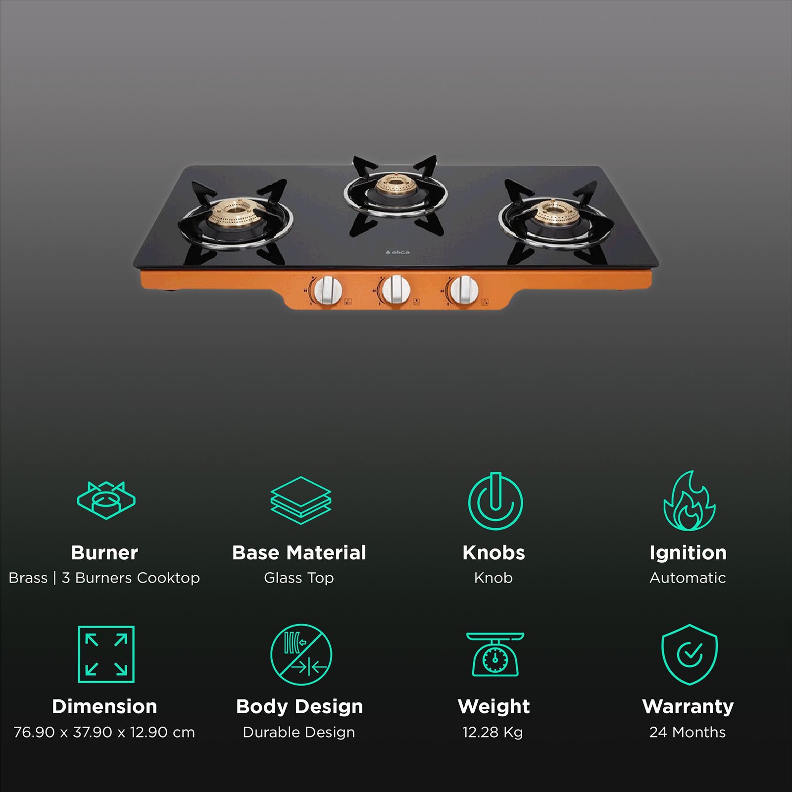 Elica Patio ICT DT773ORG Glass Top 3 Burner Automatic Gas Stove (Round Enamelled Grid, Black/Orange)_3