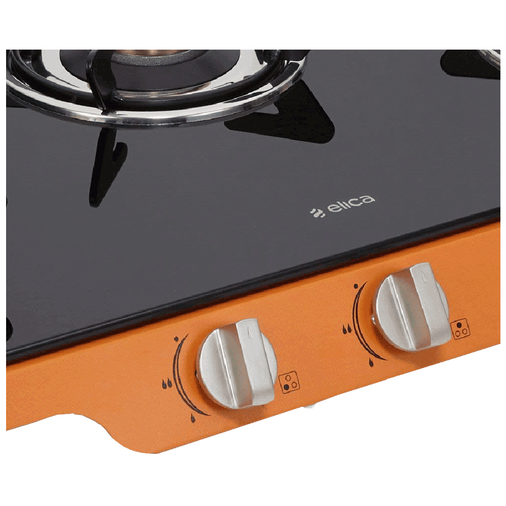 Elica Patio ICT DT773ORG Glass Top 3 Burner Automatic Gas Stove (Round Enamelled Grid, Black/Orange)_5