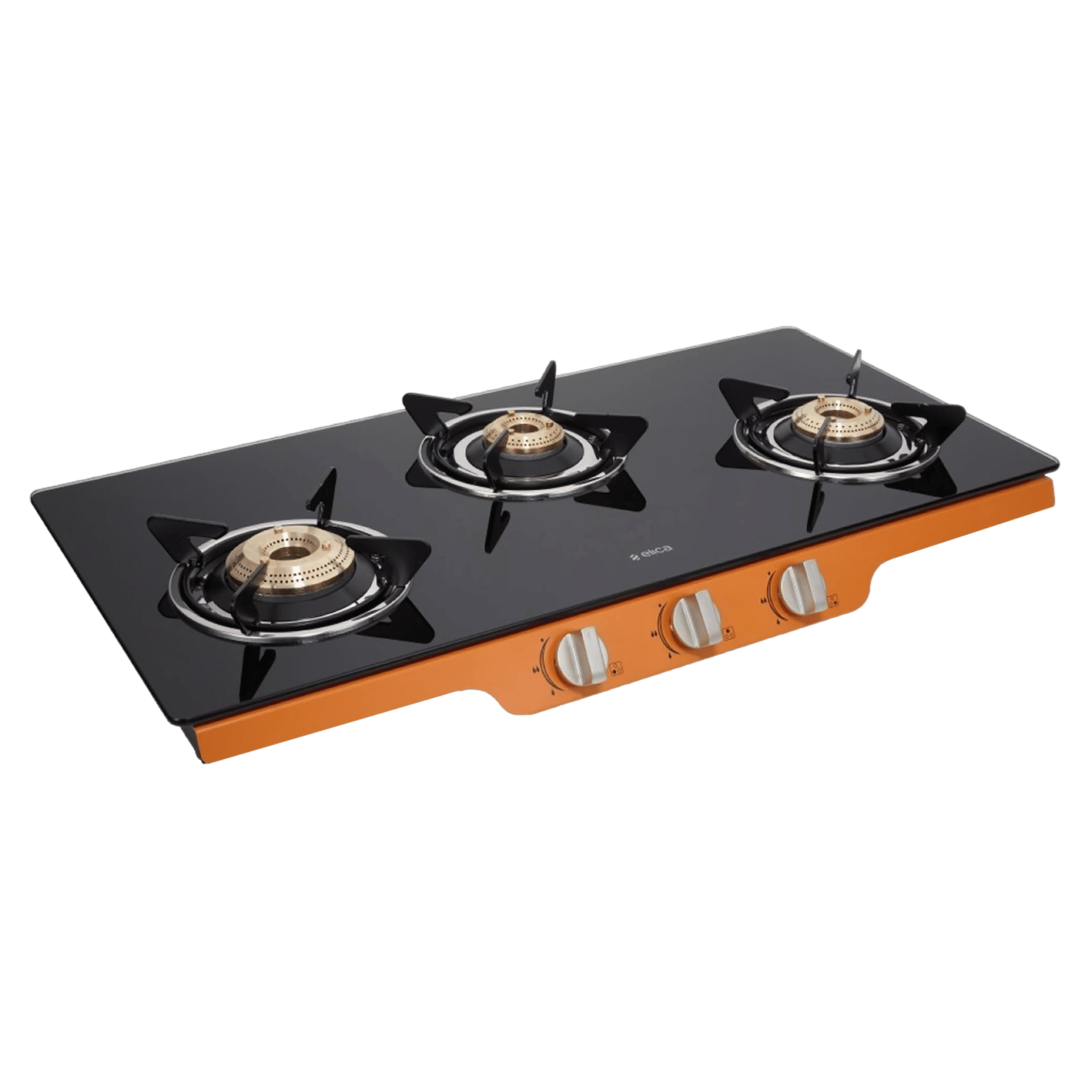 Elica Patio ICT DT773ORG Glass Top 3 Burner Automatic Gas Stove (Round Enamelled Grid, Black/Orange)_6
