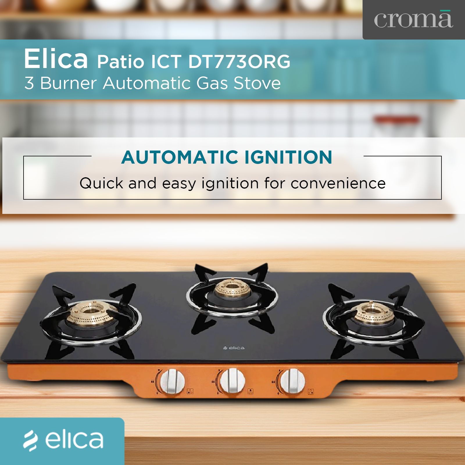 Elica Patio ICT DT773ORG Glass Top 3 Burner Automatic Gas Stove (Round Enamelled Grid, Black/Orange)_7