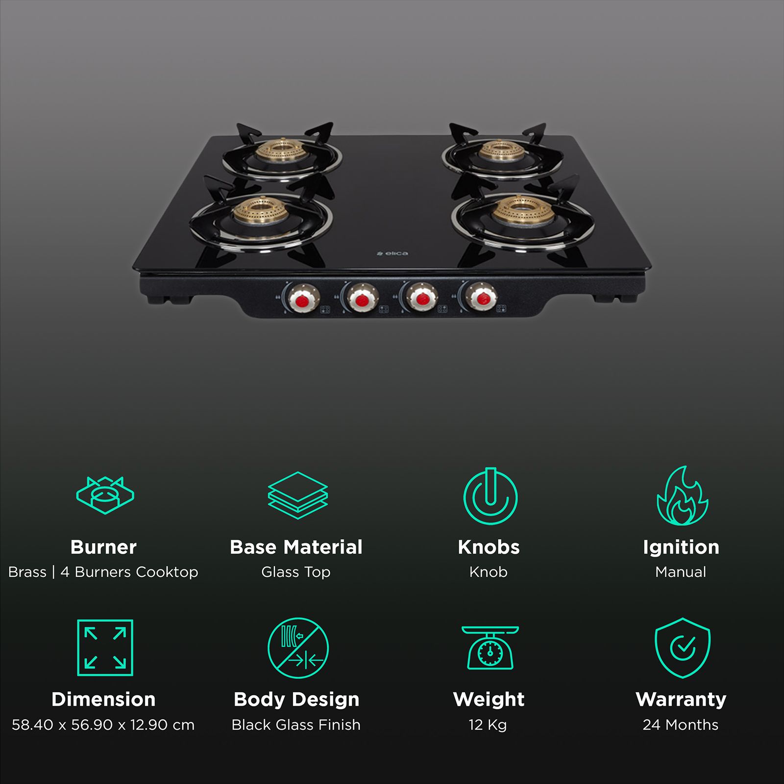 Elica Patio ICT DT 460 BLK S Glass Top 4 Burner Manual Gas Stove (Rotational On Device Control, Black) Elica Patio ICT DT 460 BLK S Glass Top 4 Burner Manual Gas Stove (Rotational On Device Control, Black)_3