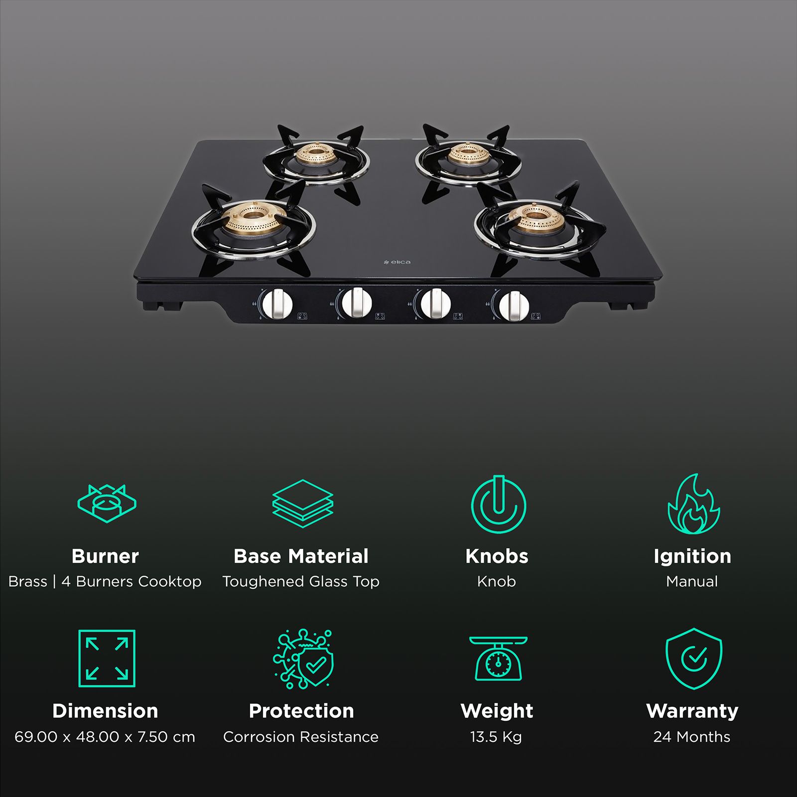 Elica Patio ICT 469 BLK DT SE Toughened Glass Top 4 Burner Manual Gas Stove (Corrosion Resistance, Black) Elica Patio ICT 469 BLK DT SE Toughened Glass Top 4 Burner Manual Gas Stove (Corrosion Resistance, Black)_3