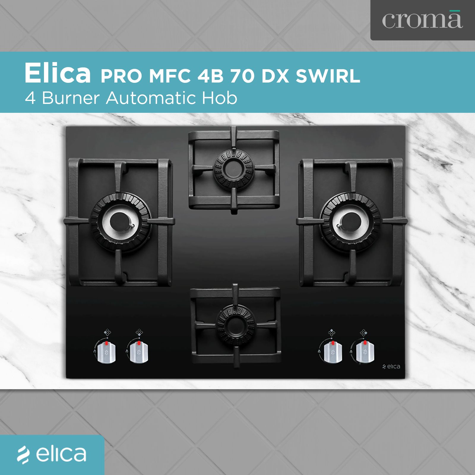 Elica PRO MFC 4B 70 DX SWIRL Glass Top 4 Burner Automatic Hob (Square Grid, Black) Elica PRO MFC 4B 70 DX SWIRL Glass Top 4 Burner Automatic Hob (Square Grid, Black)_5