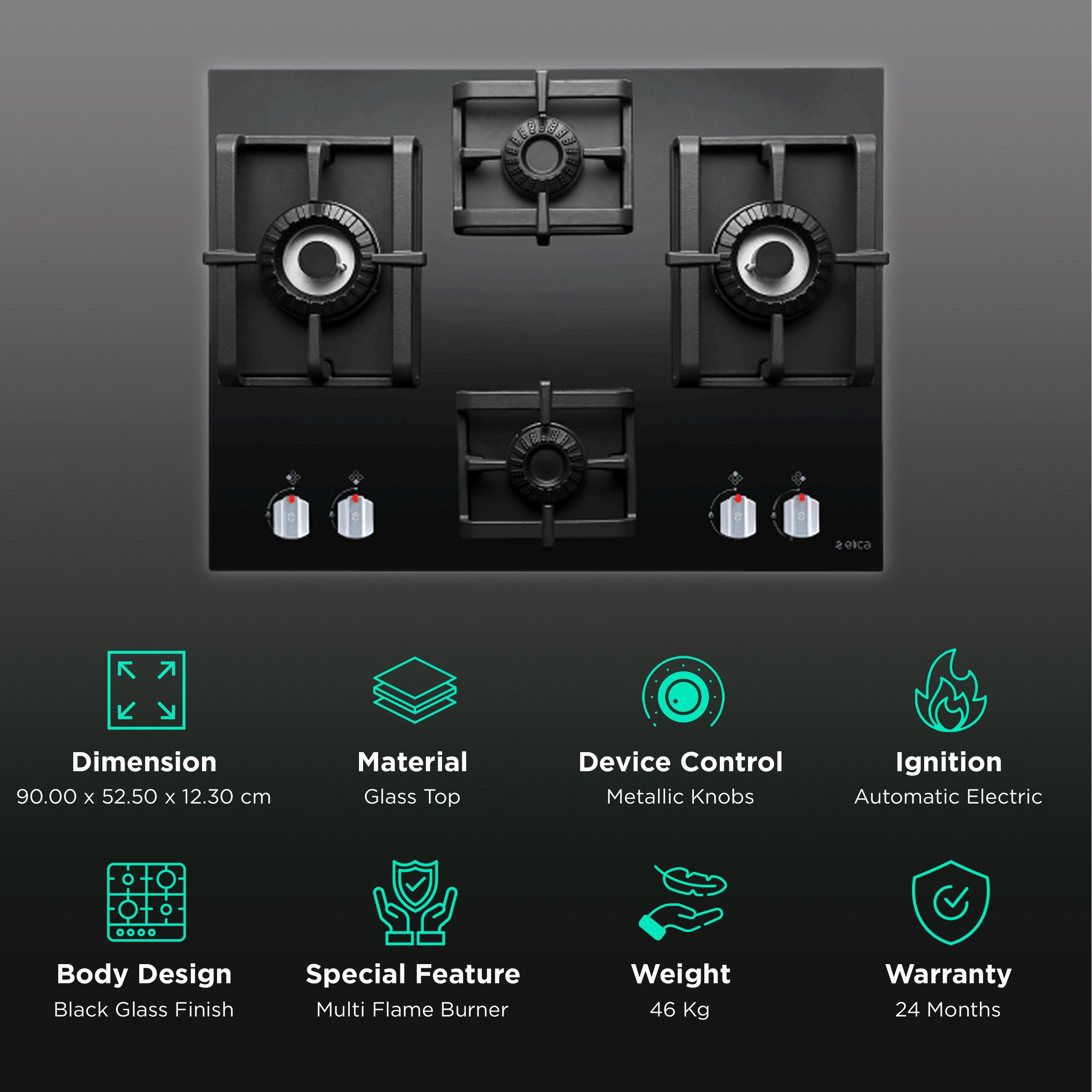 Elica PRO MFC 4B 91 DX SWIRL N Glass Top 4 Burner Automatic Electric Hob (Metallic Knob, Black)_3