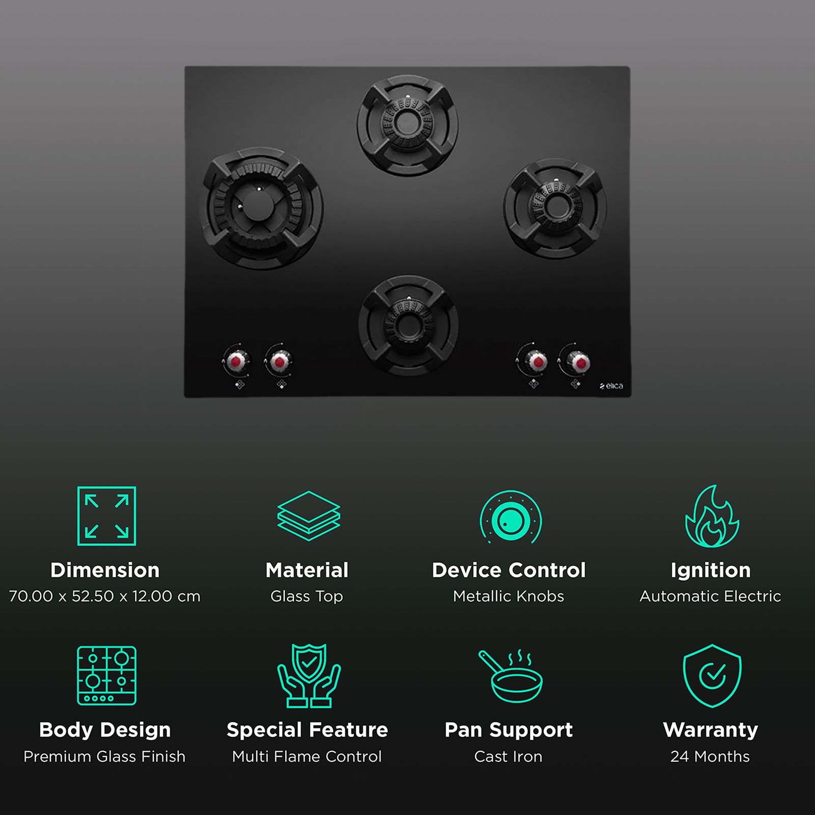 Elica CLASSIC MFC 4B 70 SWIRL N Glass Top 4 Burner Automatic Electric Hob (Multi Flame Control, Black) Elica CLASSIC MFC 4B 70 SWIRL N Glass Top 4 Burner Automatic Electric Hob (Multi Flame Control, Black)_3