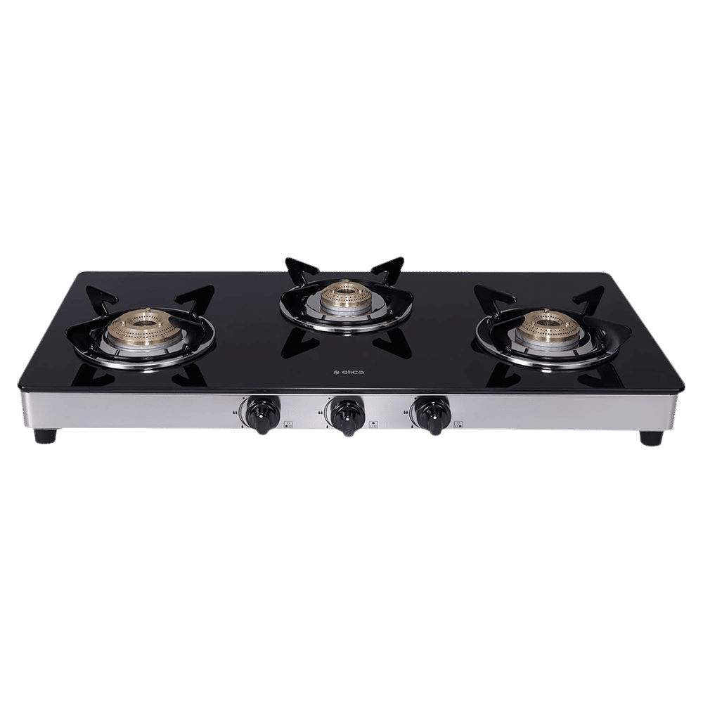 elica 773 CT DT VETRO Toughened Glass Top 3 Burner Automatic Gas Stove (Round Euro Coated Grid, Black)_1