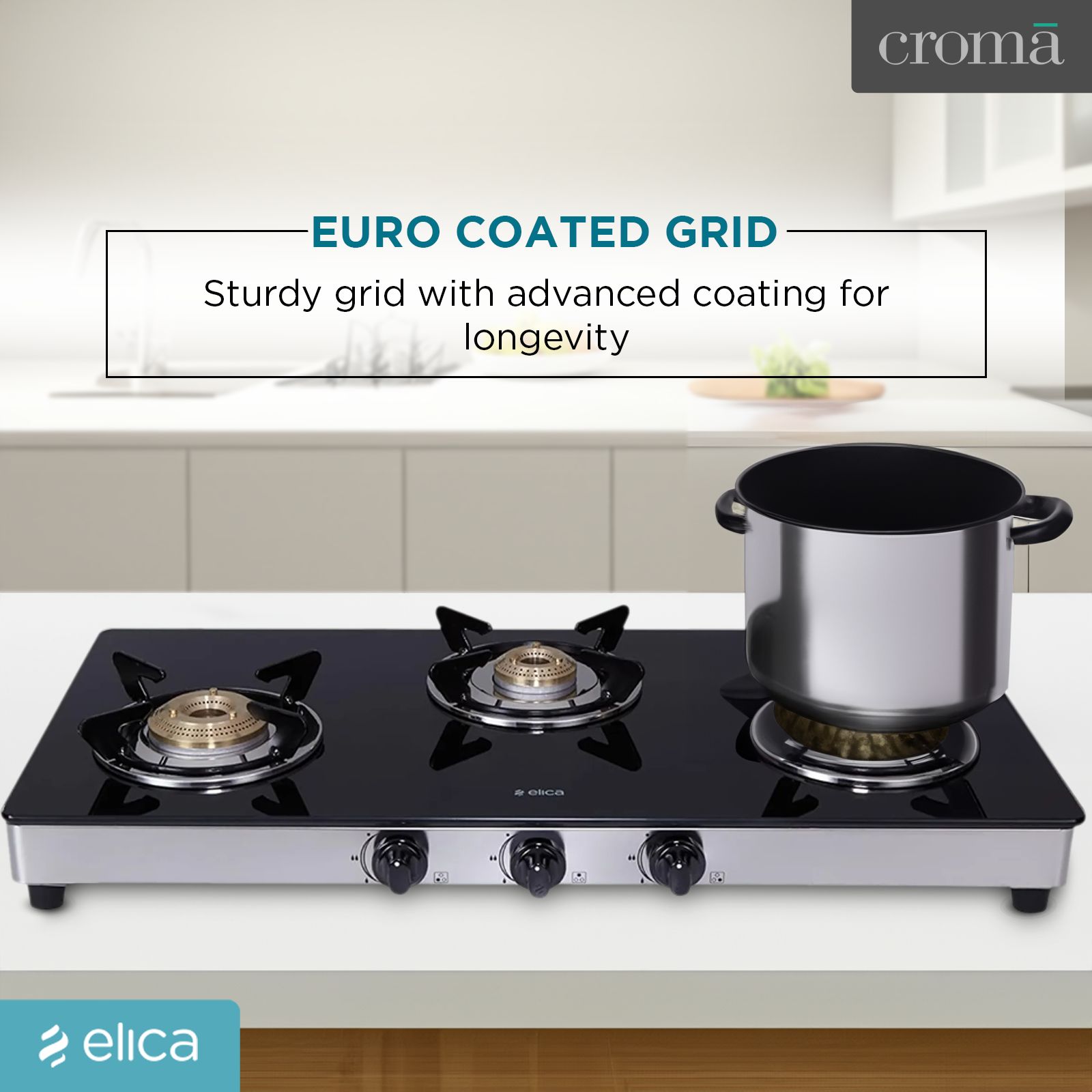 elica 773 CT DT VETRO Toughened Glass Top 3 Burner Automatic Gas Stove (Round Euro Coated Grid, Black)_10