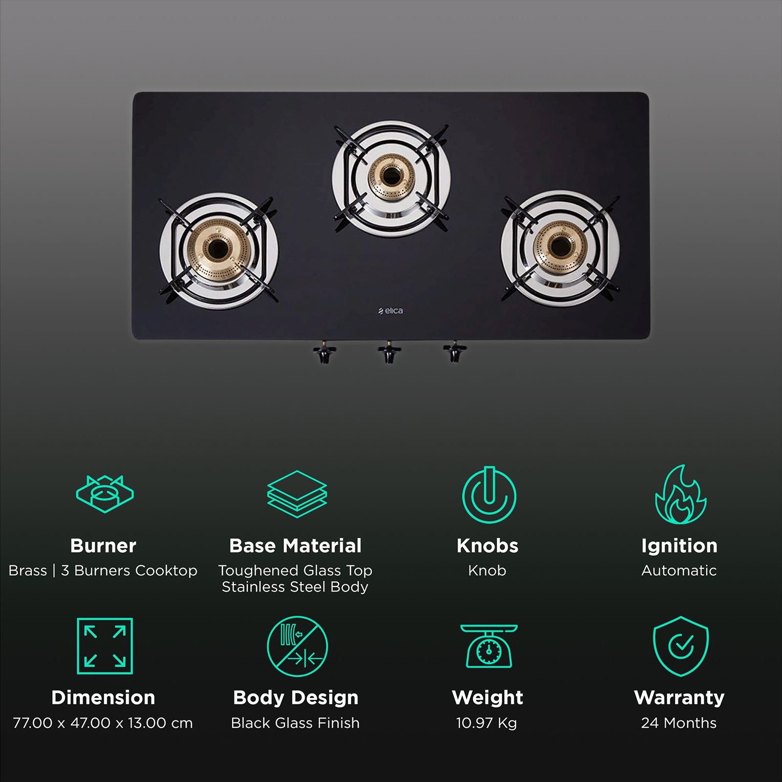 elica 773 CT DT VETRO Toughened Glass Top 3 Burner Automatic Gas Stove (Round Euro Coated Grid, Black)_3