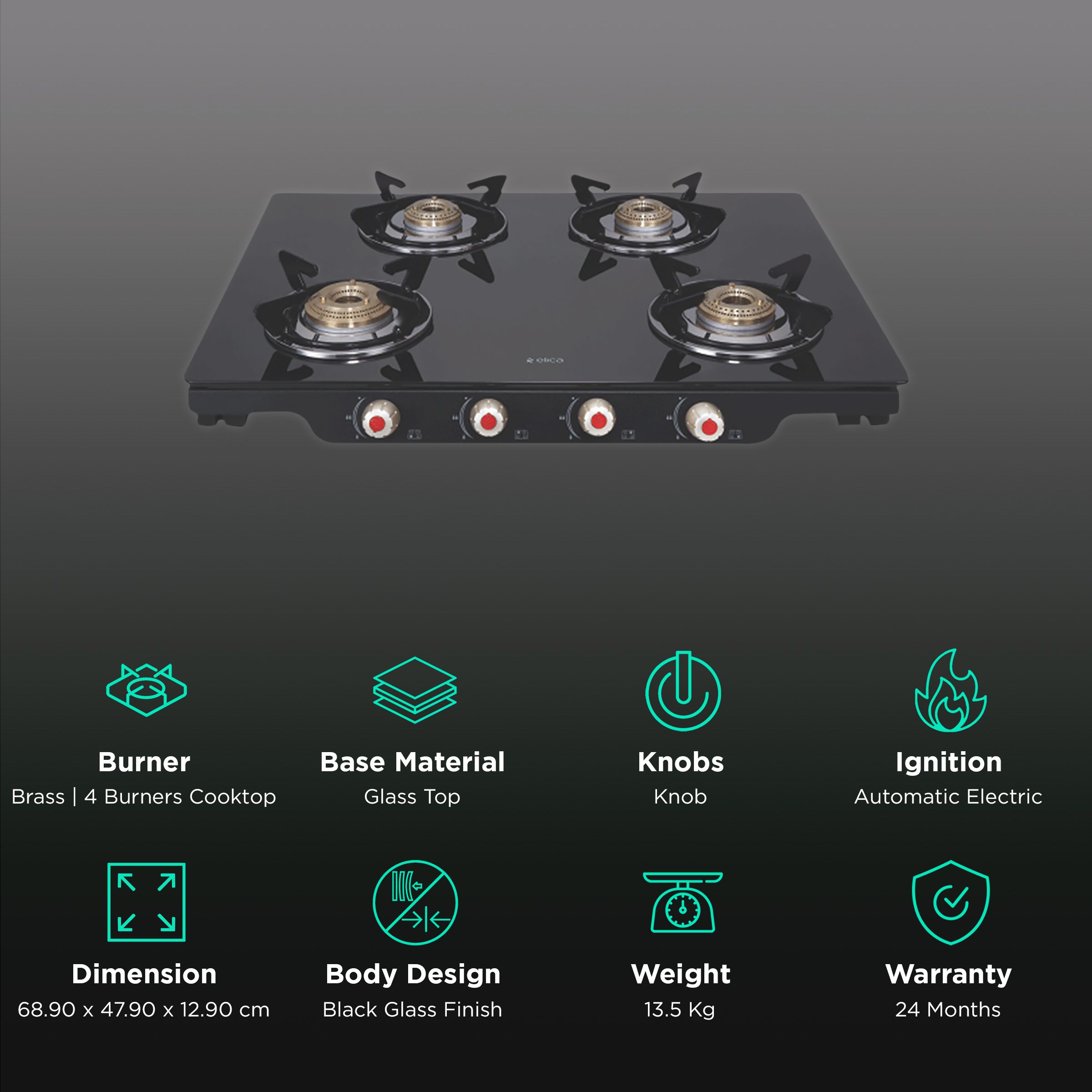 Elica Patio ICT DT 469 BLK S Glass Top 4 Burner Automatic Electric Gas Stove (Round Euro Coated Grid, Black)_3