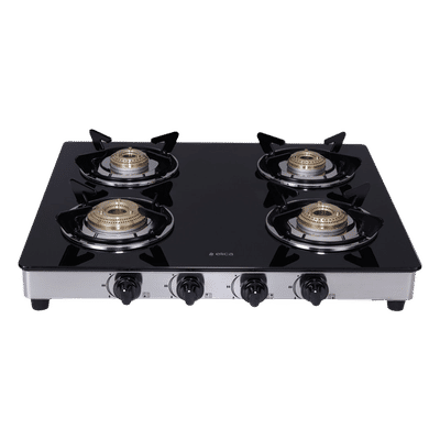 Elica 594 CT DT VETRO 1J Toughened Glass Top 4 Burner Manual Gas Stove (Round Euro Coated Grid, Black)