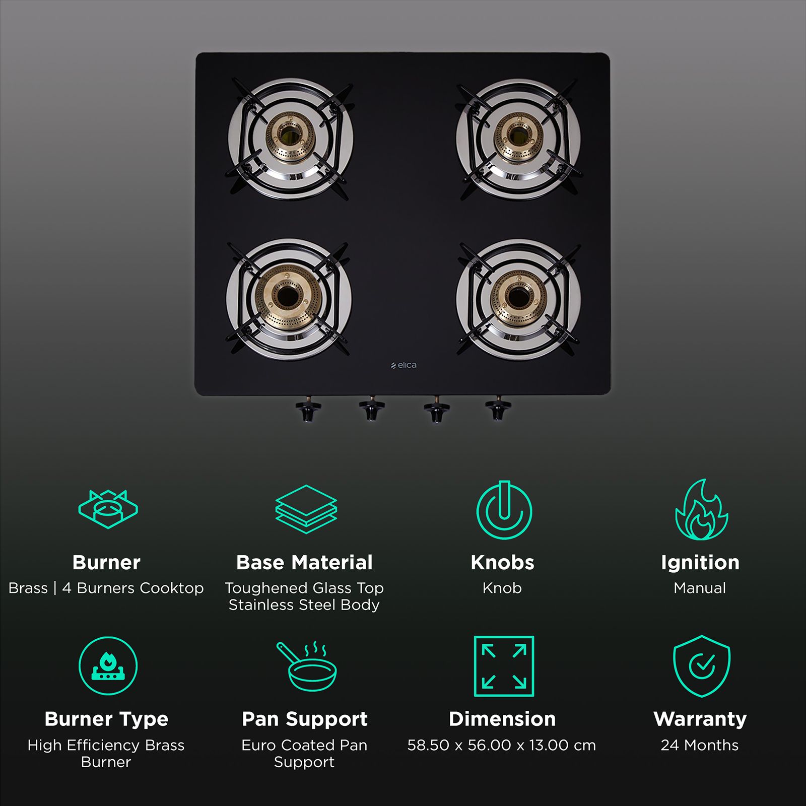 Elica 594 CT DT VETRO 1J Toughened Glass Top 4 Burner Manual Gas Stove (Round Euro Coated Grid, Black) Elica 594 CT DT VETRO 1J Toughened Glass Top 4 Burner Manual Gas Stove (Round Euro Coated Grid, Black)_3