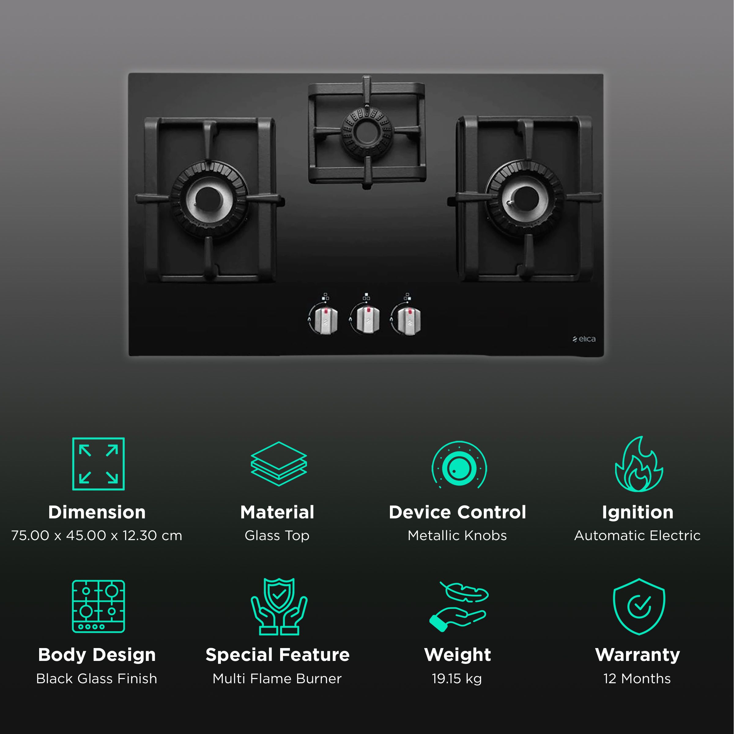 Elica PRO MFC 3B 75 DX SWIRL N Glass Top 3 Burner Automatic Electric Hob (Metallic Knob, Black)_3
