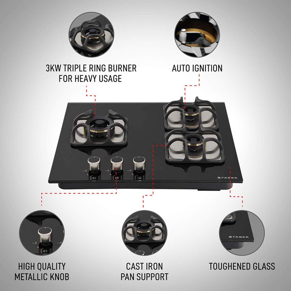 Faber Imperia 603 BRB CI BK Toughened Glass Top 3 Burner Automatic Hob (High Quality Knob, Black)_7